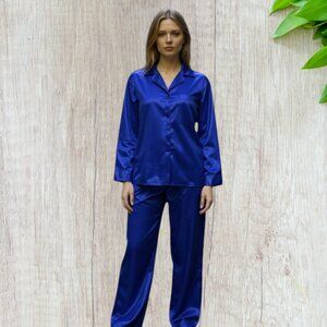 VINTAGE GO SOFTLY -- Two-Piece Pajama Set, Royal Blue, Satiny Feel, Long Sleeves